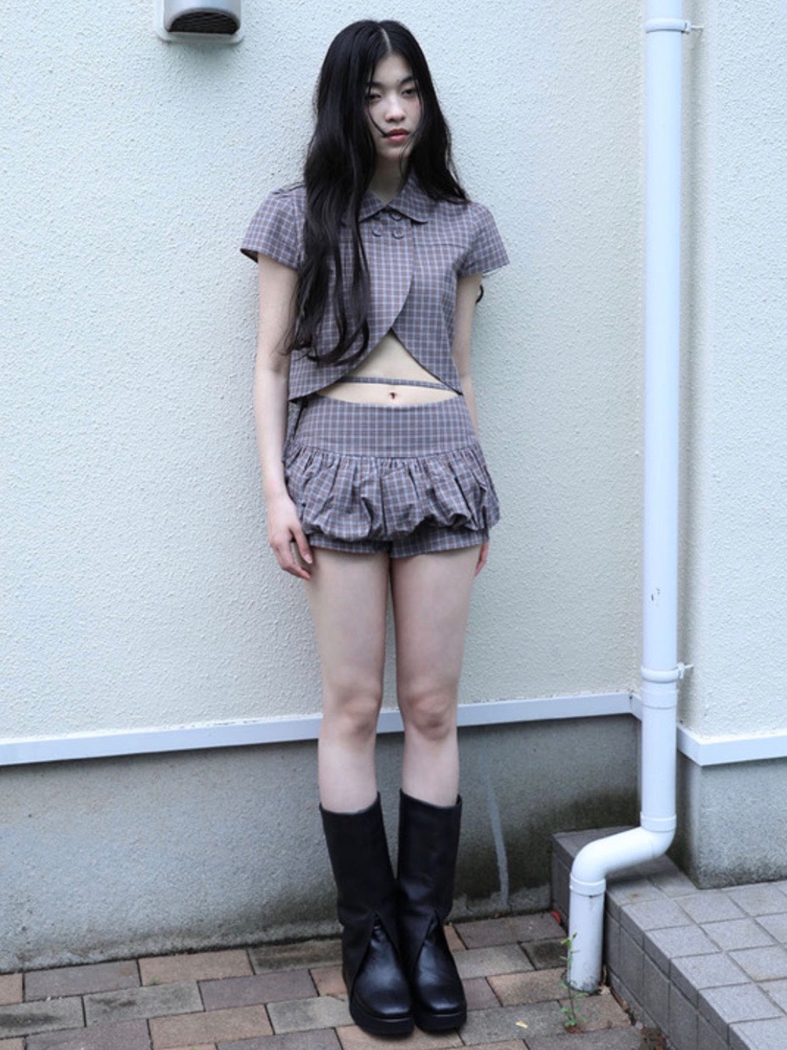 【Uglyshadow】CHECKERED DOUBLE BLOUSE
