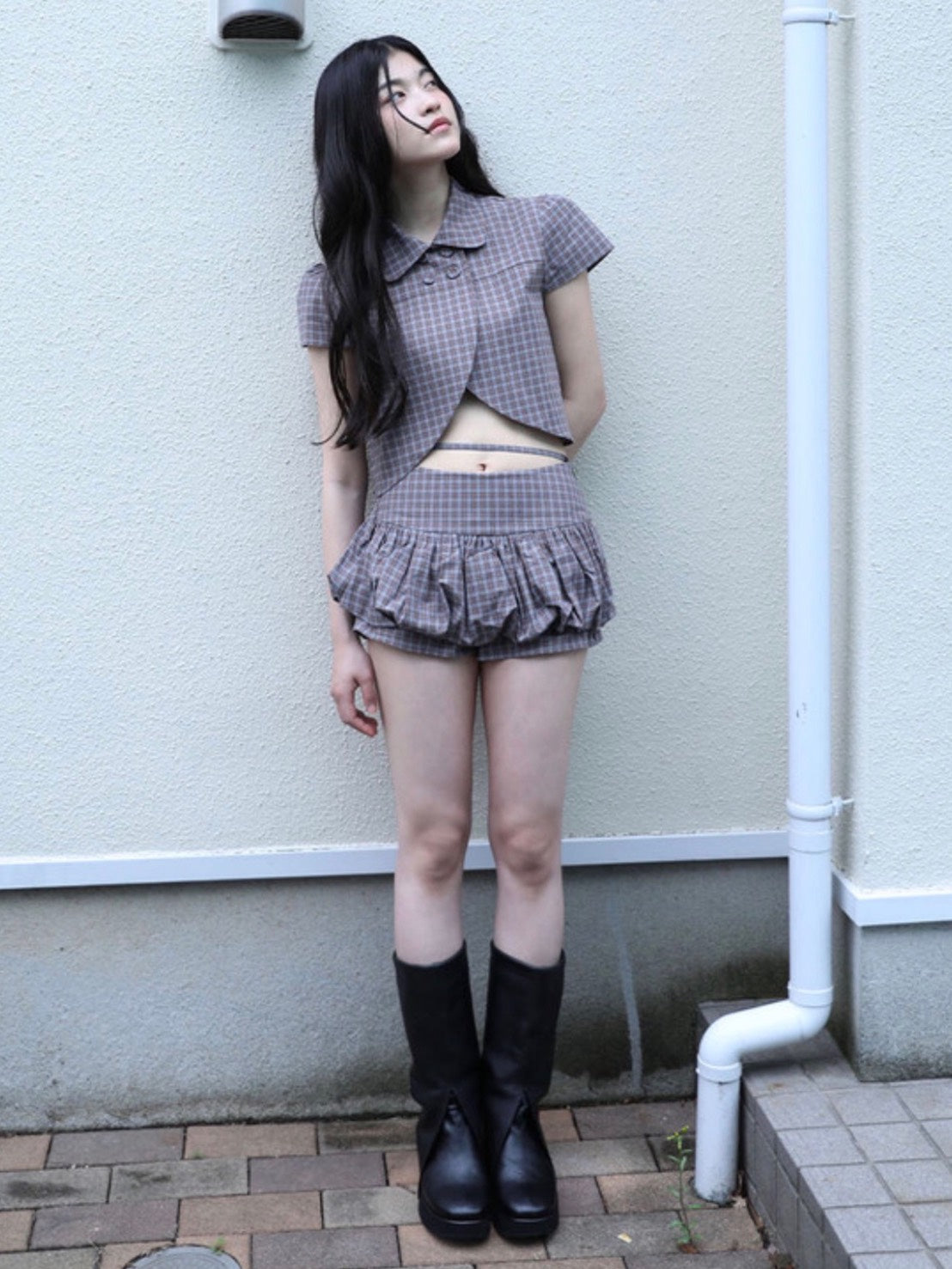 【Uglyshadow】CHECKERED DOUBLE BLOUSE