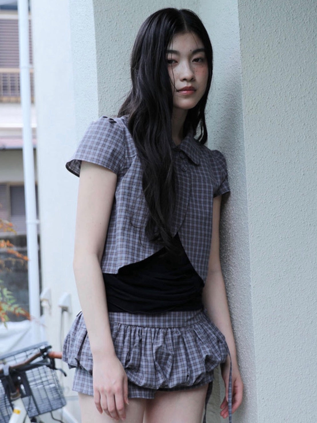 【Uglyshadow】CHECKERED DOUBLE BLOUSE