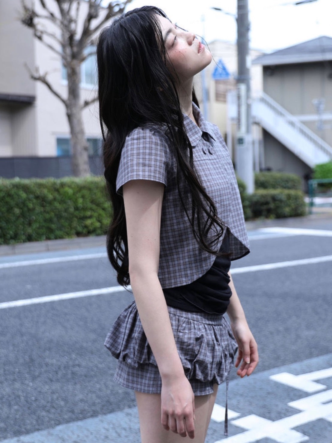 【Uglyshadow】CHECKERED DOUBLE BLOUSE