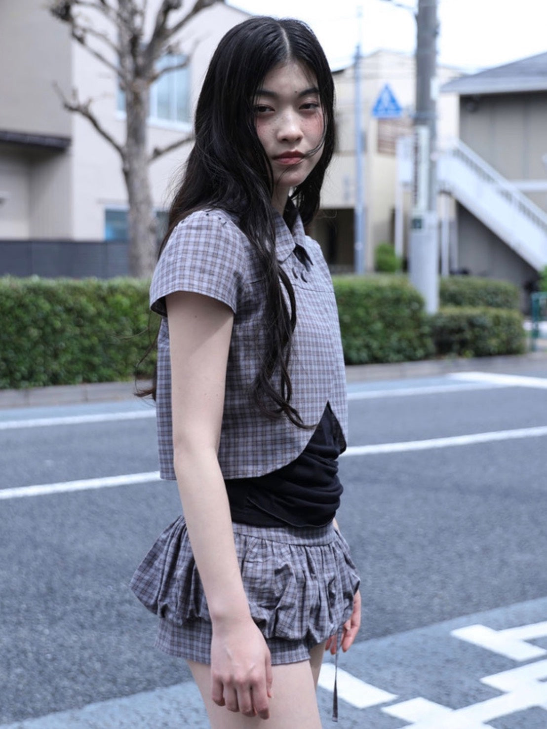 【Uglyshadow】CHECKERED DOUBLE BLOUSE