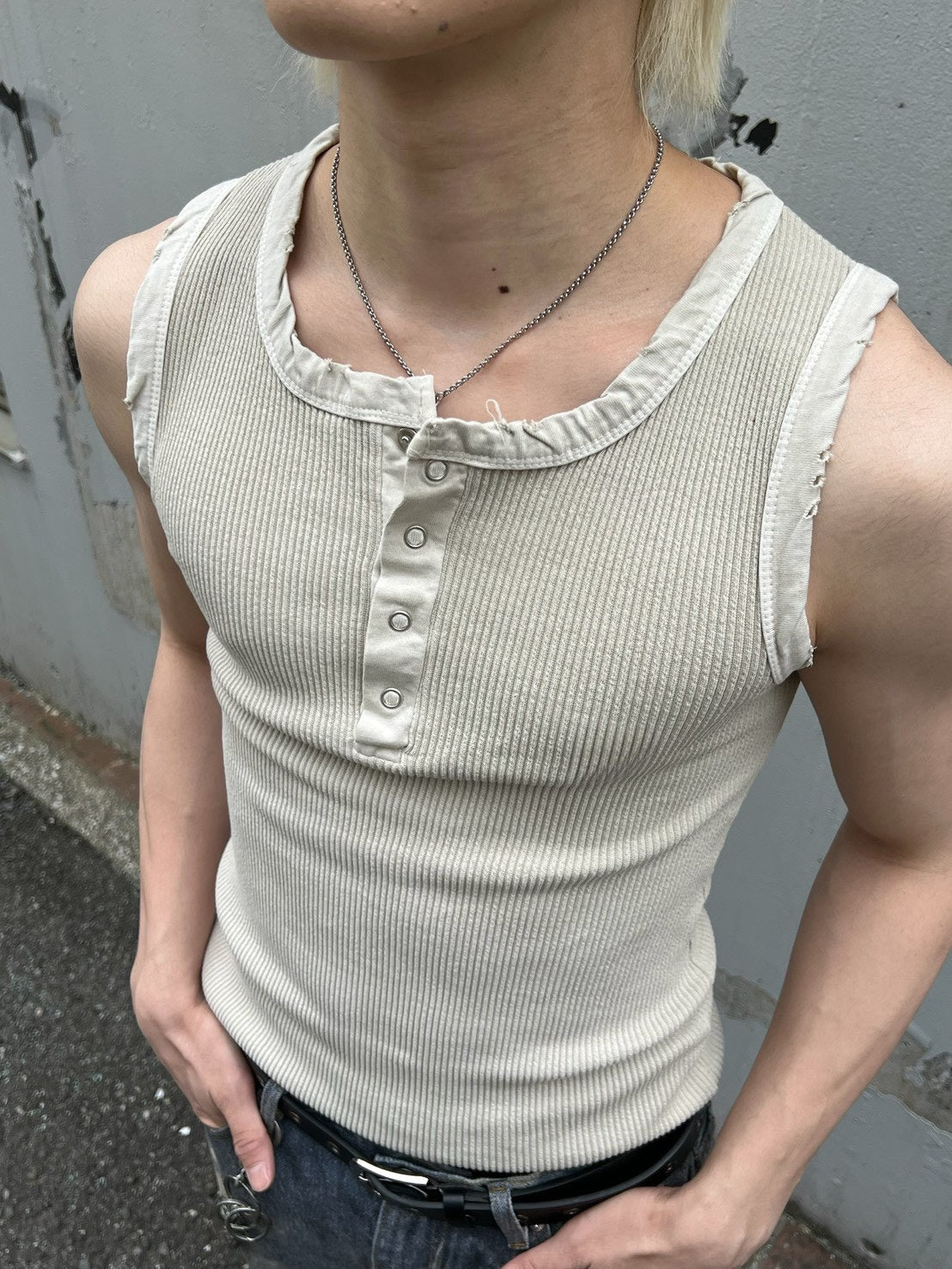 受注制【Chikashitsu +】pigment henley neck sleeveless (3color)