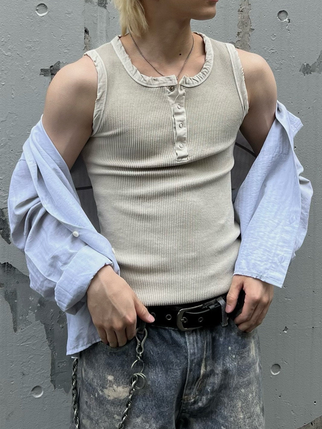 受注制【Chikashitsu +】pigment henley neck sleeveless (3color)