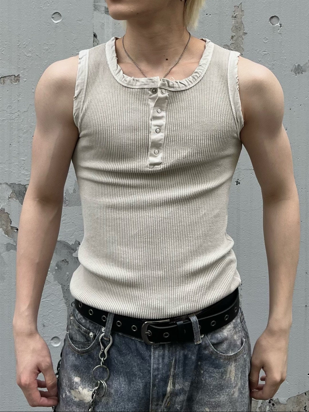 受注制【Chikashitsu +】pigment henley neck sleeveless (3color)