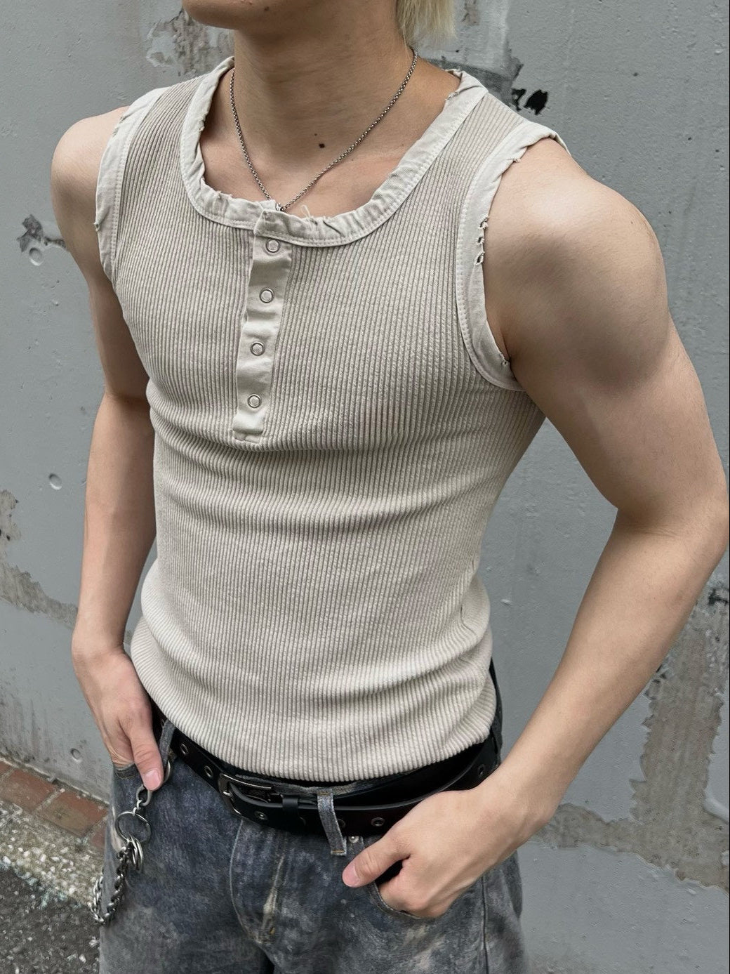 受注制【Chikashitsu +】pigment henley neck sleeveless (3color)