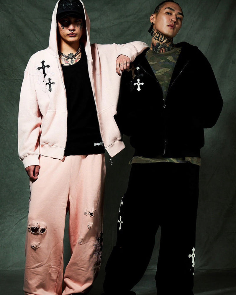 【SUPPLIER】Multiple Cross Leather Patch Thermal Zip Hoodie