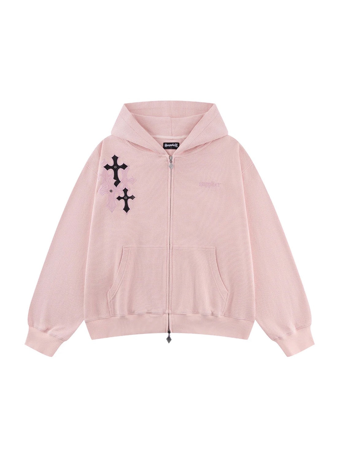 【SUPPLIER】Multiple Cross Leather Patch Thermal Zip Hoodie
