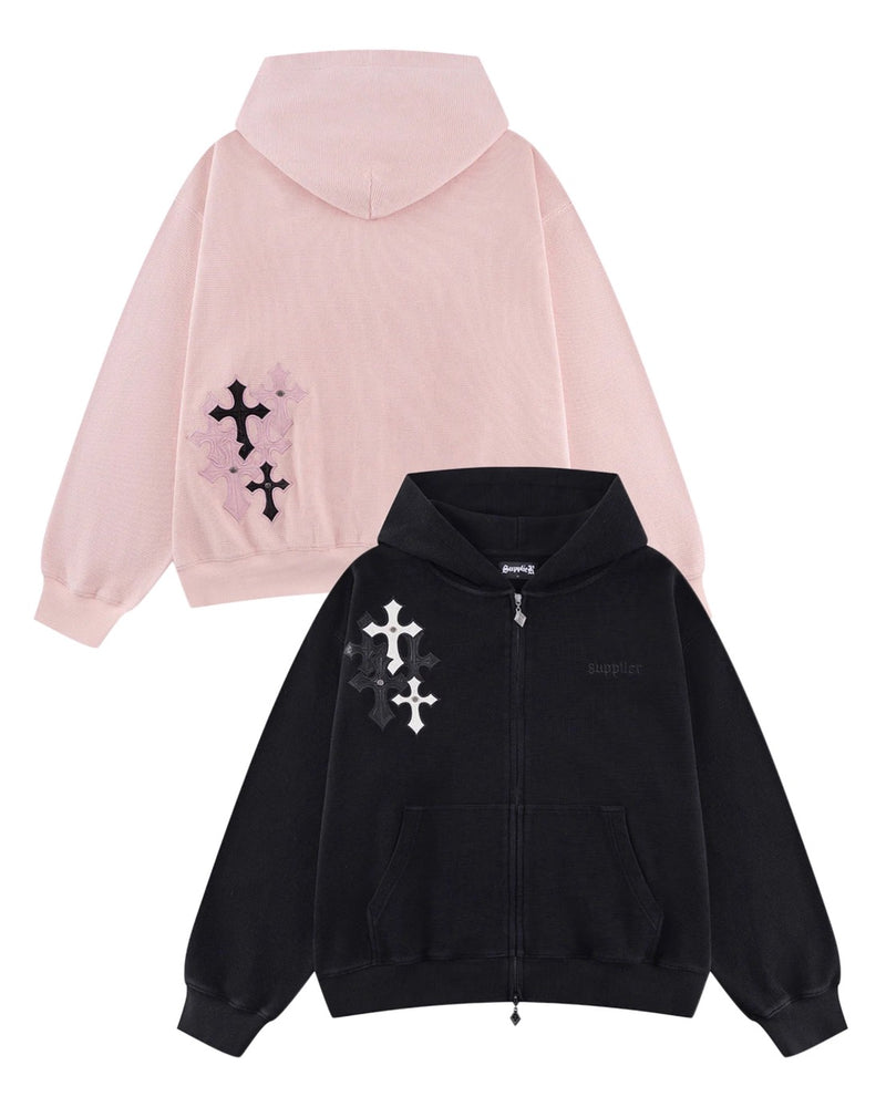 【SUPPLIER】Multiple Cross Leather Patch Thermal Zip Hoodie