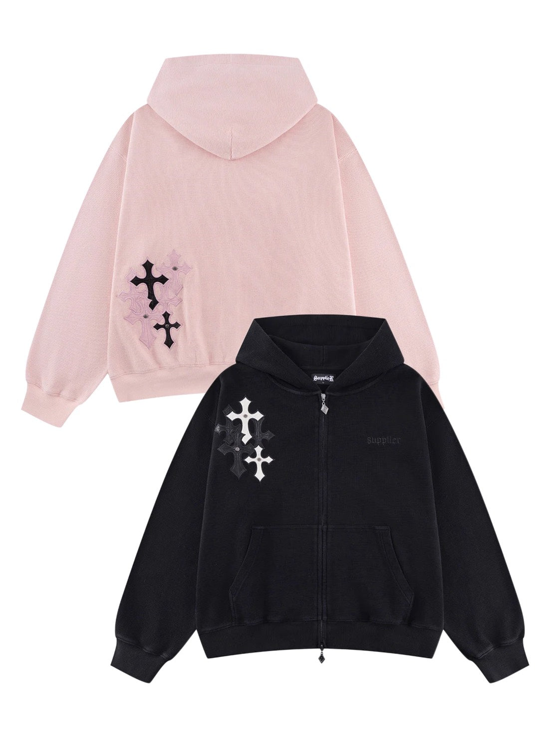 【SUPPLIER】Multiple Cross Leather Patch Thermal Zip Hoodie