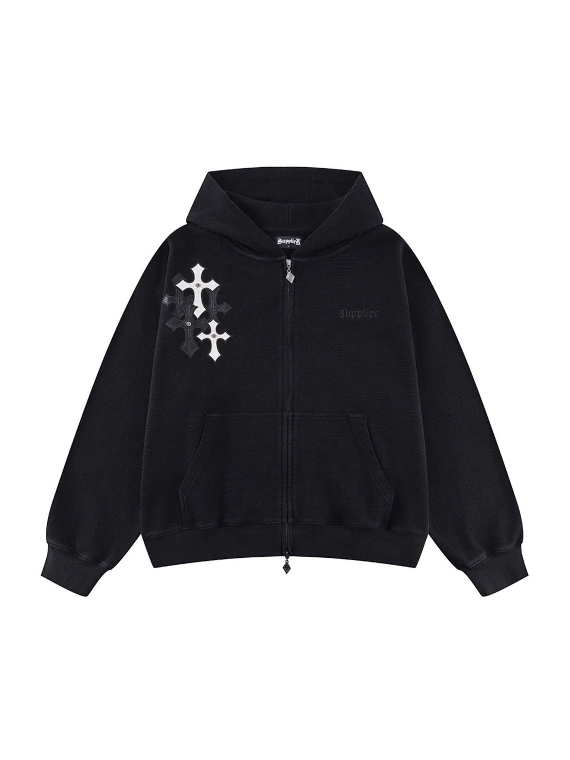 【SUPPLIER】Multiple Cross Leather Patch Thermal Zip Hoodie