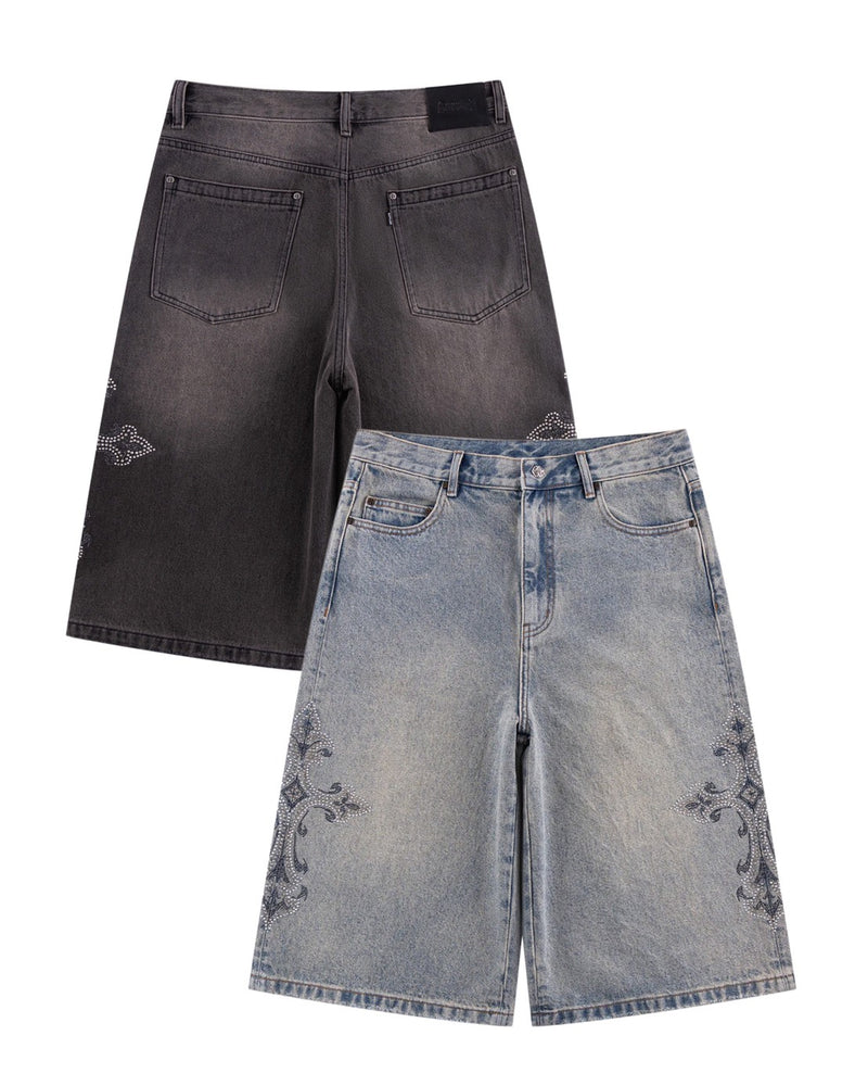 【SUPPLIER】Royal Cross Rhinestone Baggy Denim Shorts