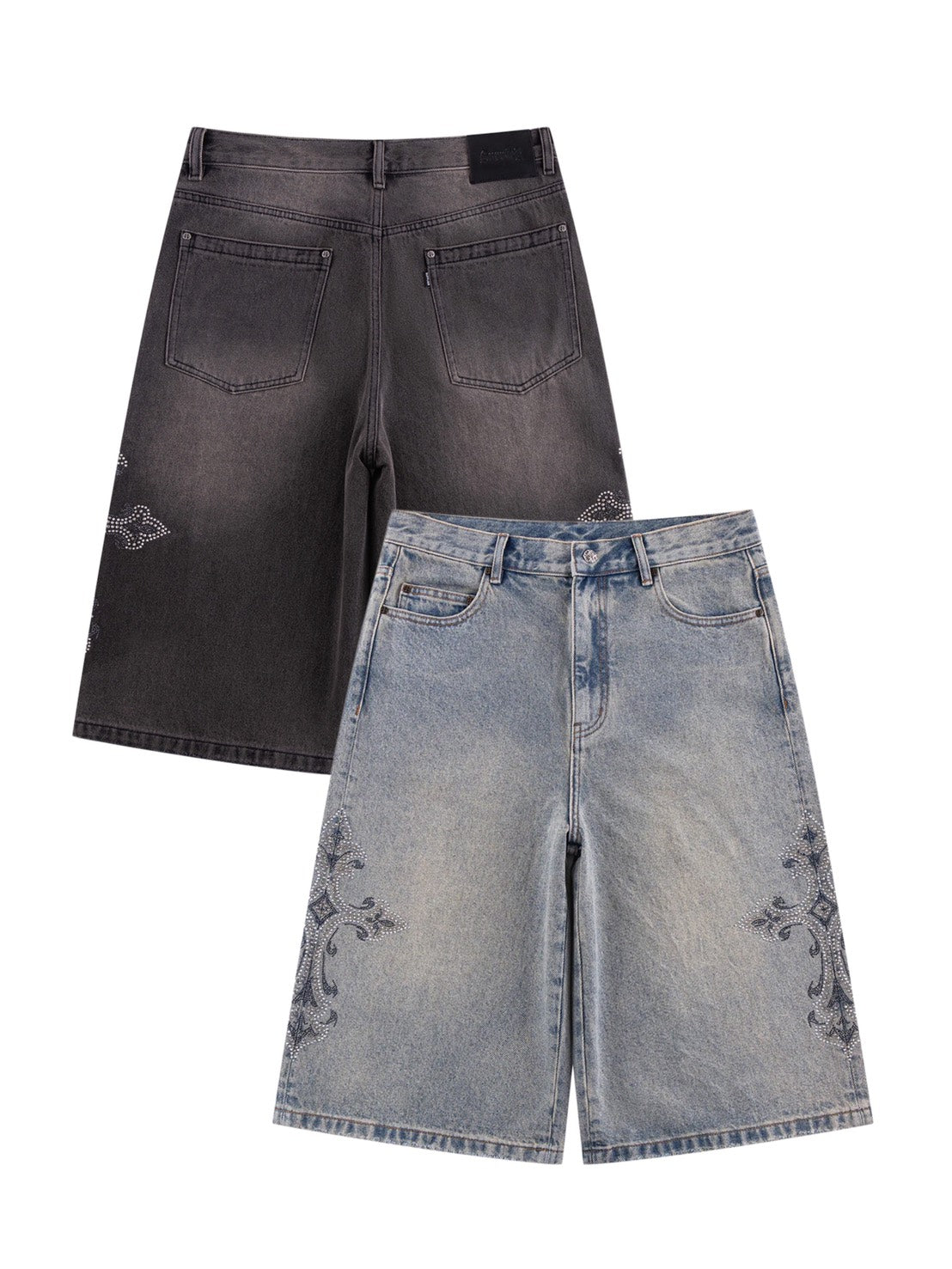 【SUPPLIER】Royal Cross Rhinestone Baggy Denim Shorts