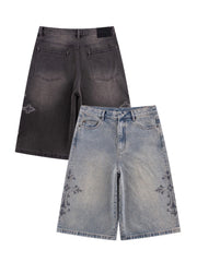 【SUPPLIER】Royal Cross Rhinestone Baggy Denim Shorts