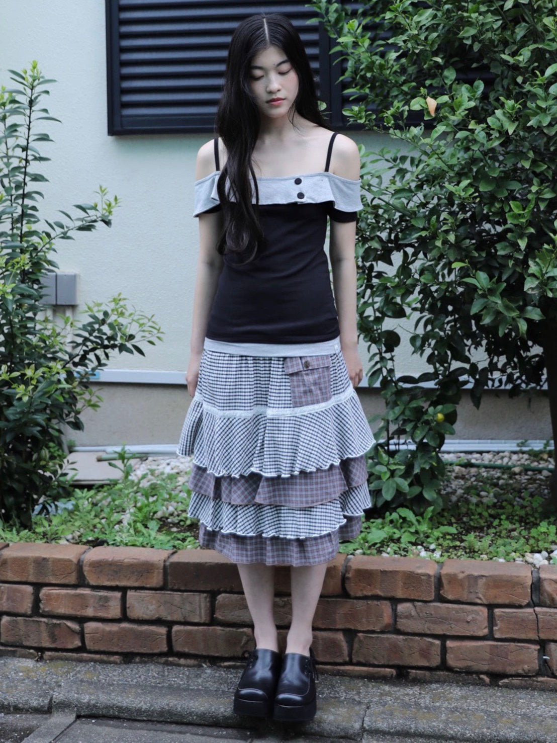 【Uglyshadow】BUTTON CONTRAST OFF-SHOULDER