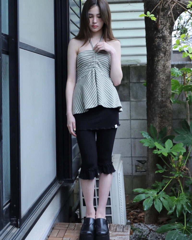 【Uglyshadow】STRIPE SHIRRING FLARE TOP