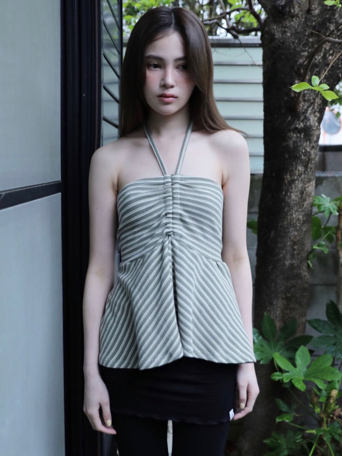 6/15 21:00発売【Uglyshadow】STRIPE SHIRRING FLARE TOP
