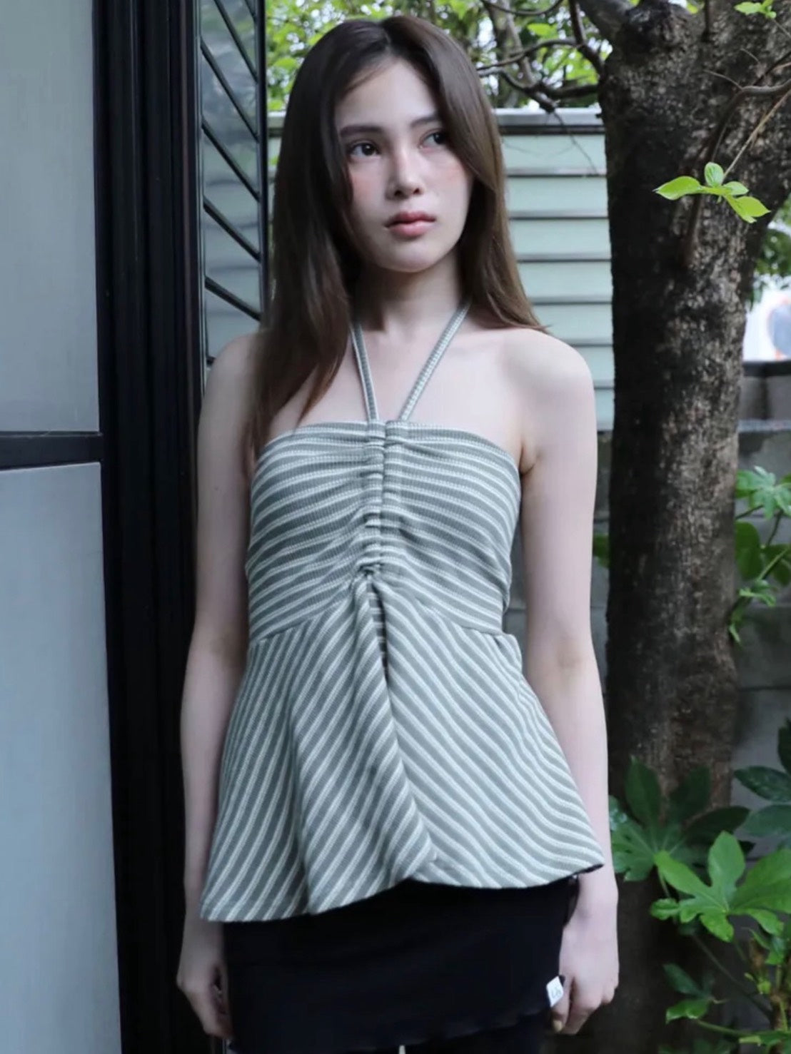 6/15 21:00発売【Uglyshadow】STRIPE SHIRRING FLARE TOP