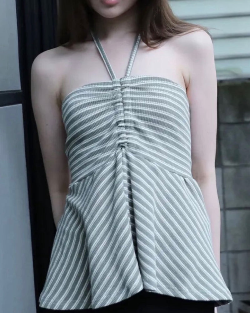 【Uglyshadow】STRIPE SHIRRING FLARE TOP