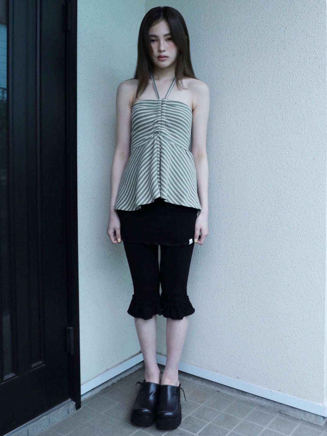 6/15 21:00発売【Uglyshadow】STRIPE SHIRRING FLARE TOP
