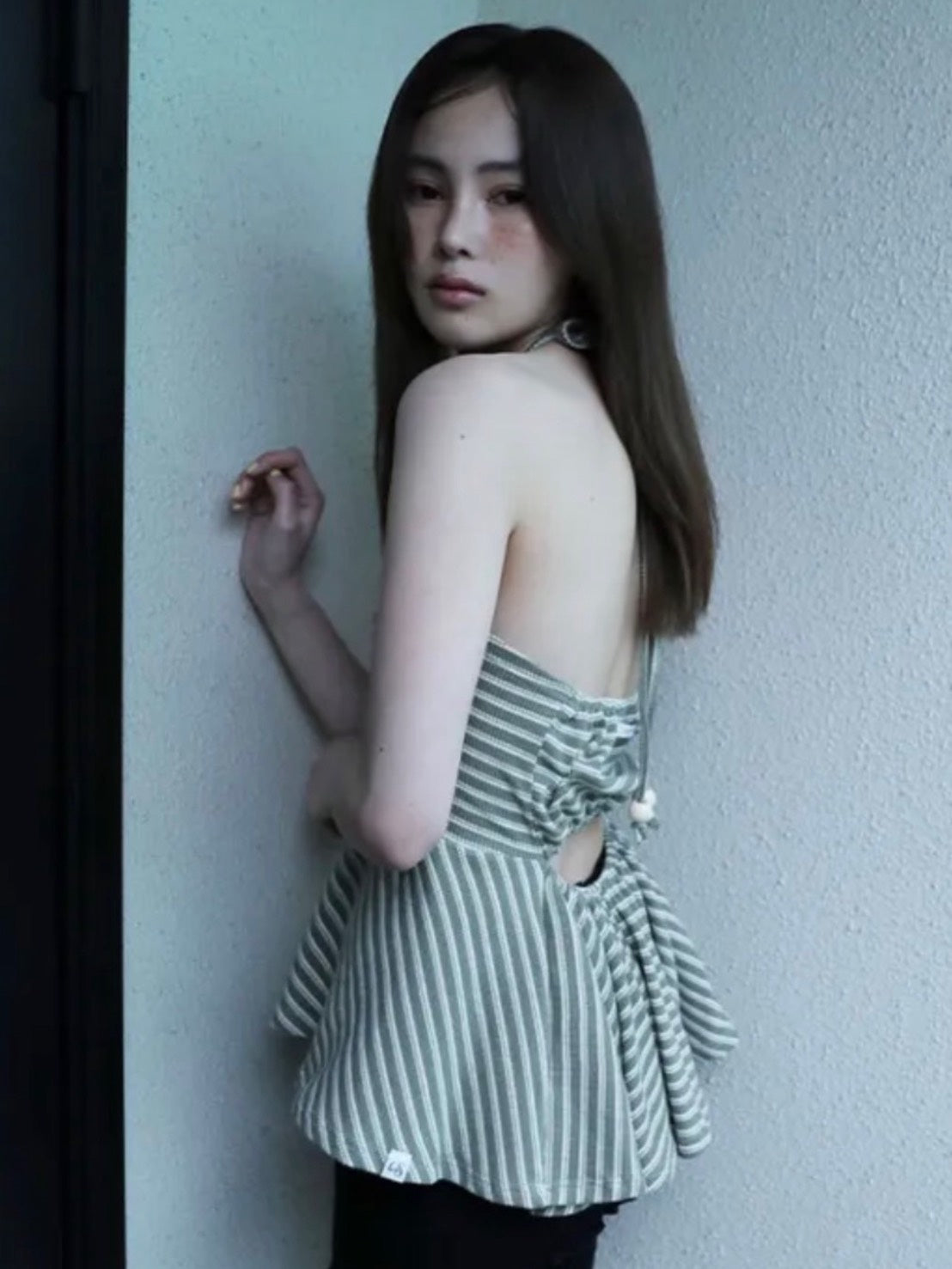 6/15 21:00発売【Uglyshadow】STRIPE SHIRRING FLARE TOP