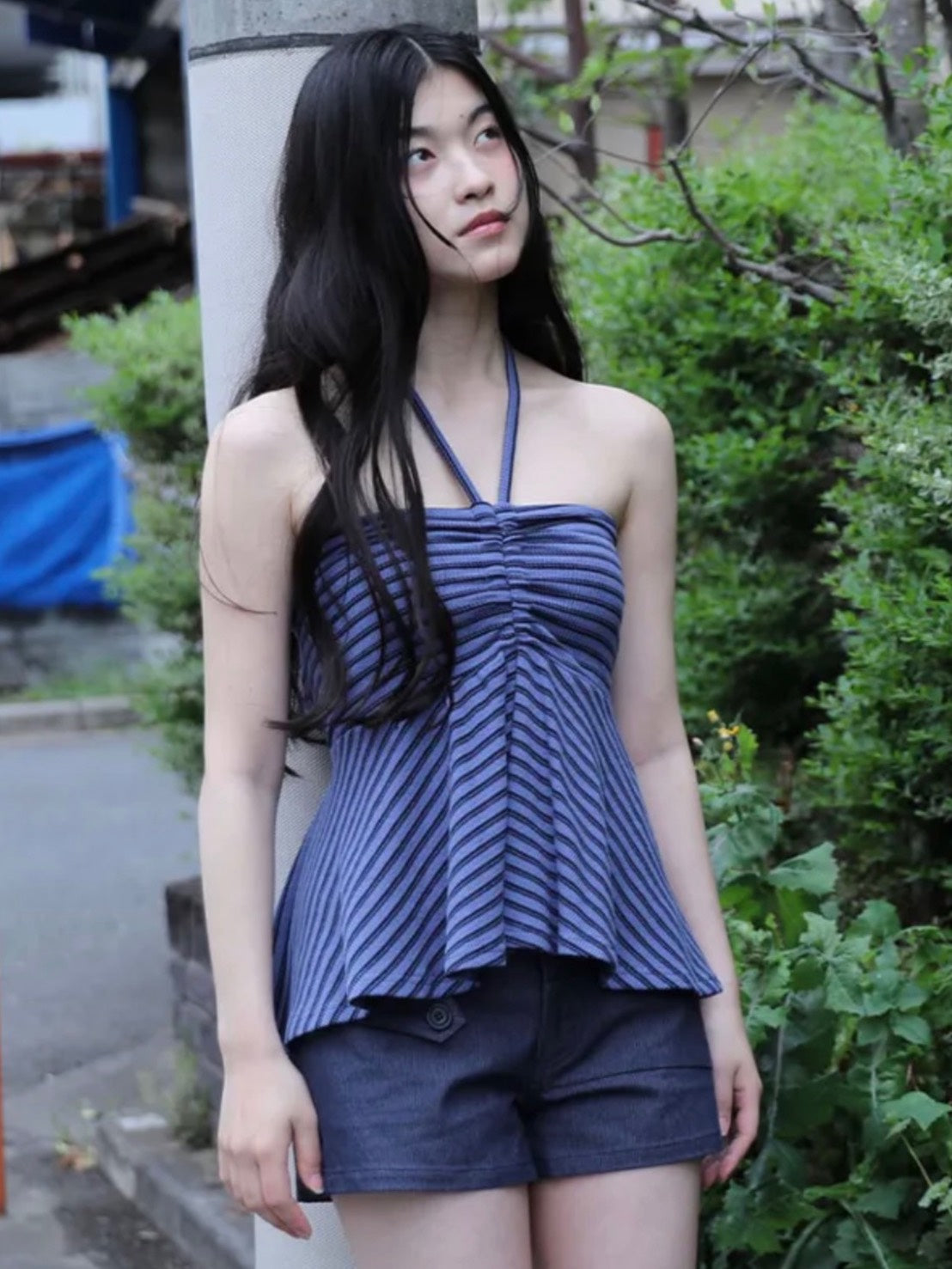 6/15 21:00発売【Uglyshadow】STRIPE SHIRRING FLARE TOP
