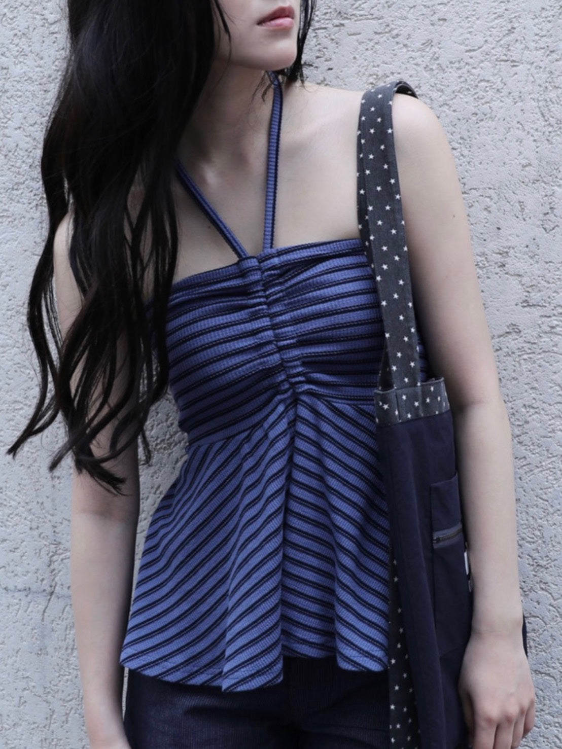 6/15 21:00発売【Uglyshadow】STRIPE SHIRRING FLARE TOP