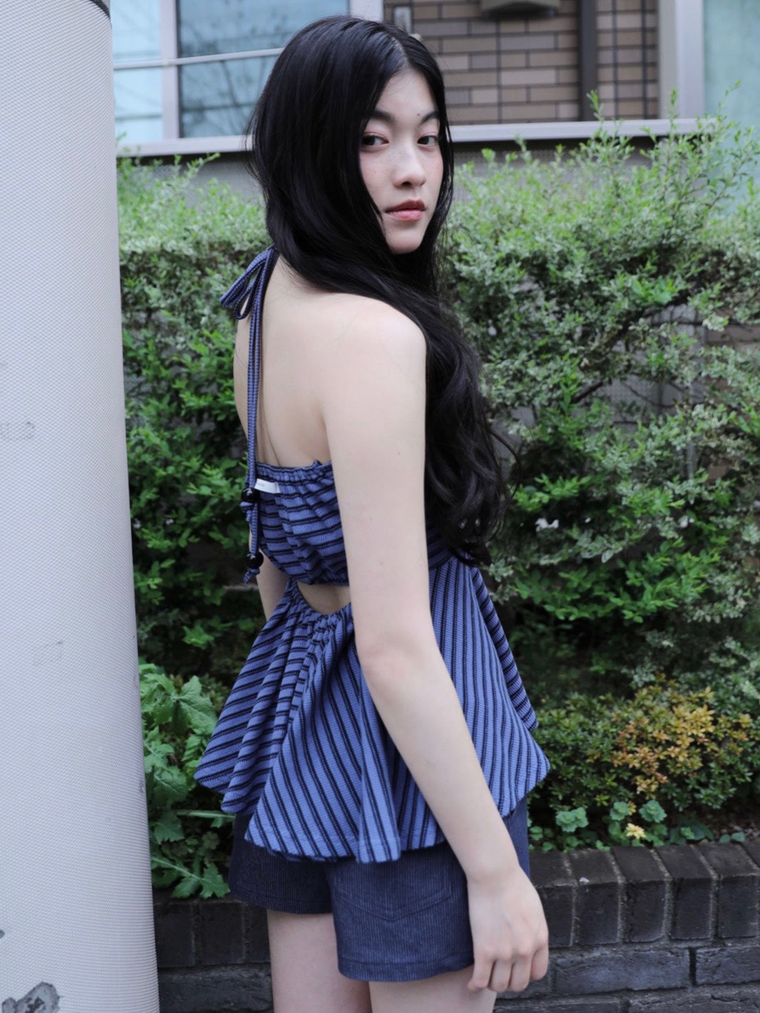 6/15 21:00発売【Uglyshadow】STRIPE SHIRRING FLARE TOP