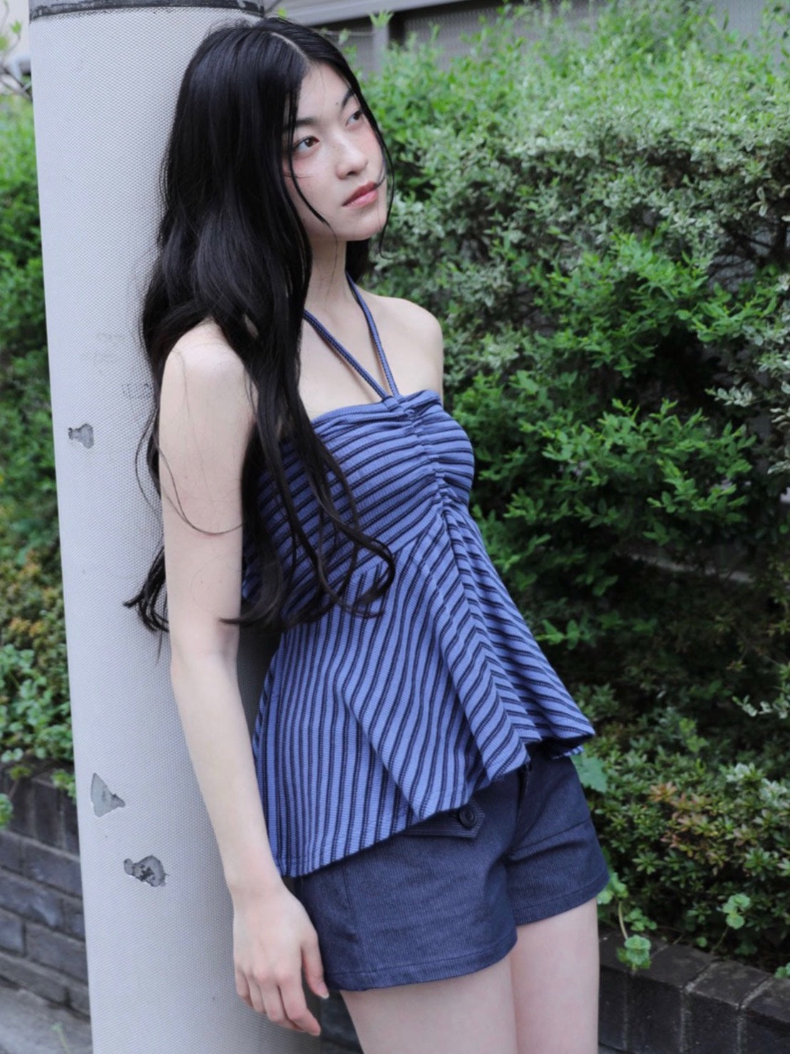 6/15 21:00発売【Uglyshadow】STRIPE SHIRRING FLARE TOP