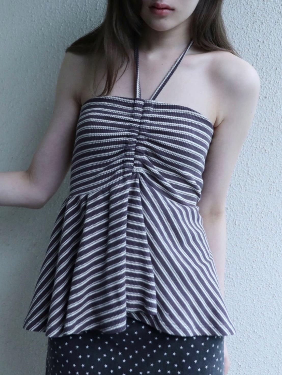 6/15 21:00発売【Uglyshadow】STRIPE SHIRRING FLARE TOP