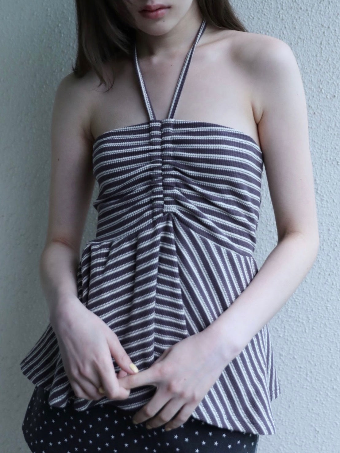 6/15 21:00発売【Uglyshadow】STRIPE SHIRRING FLARE TOP