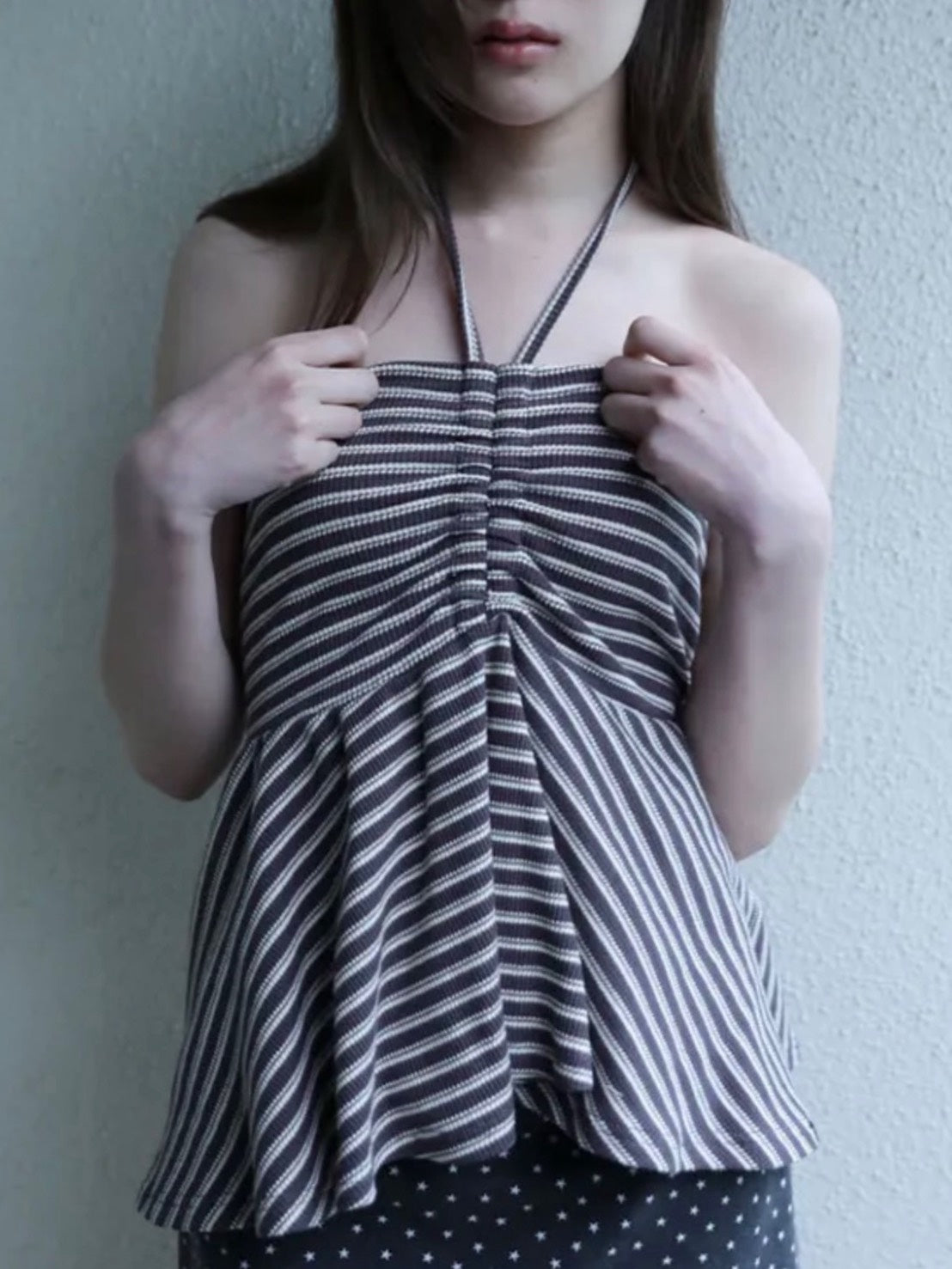 6/15 21:00発売【Uglyshadow】STRIPE SHIRRING FLARE TOP