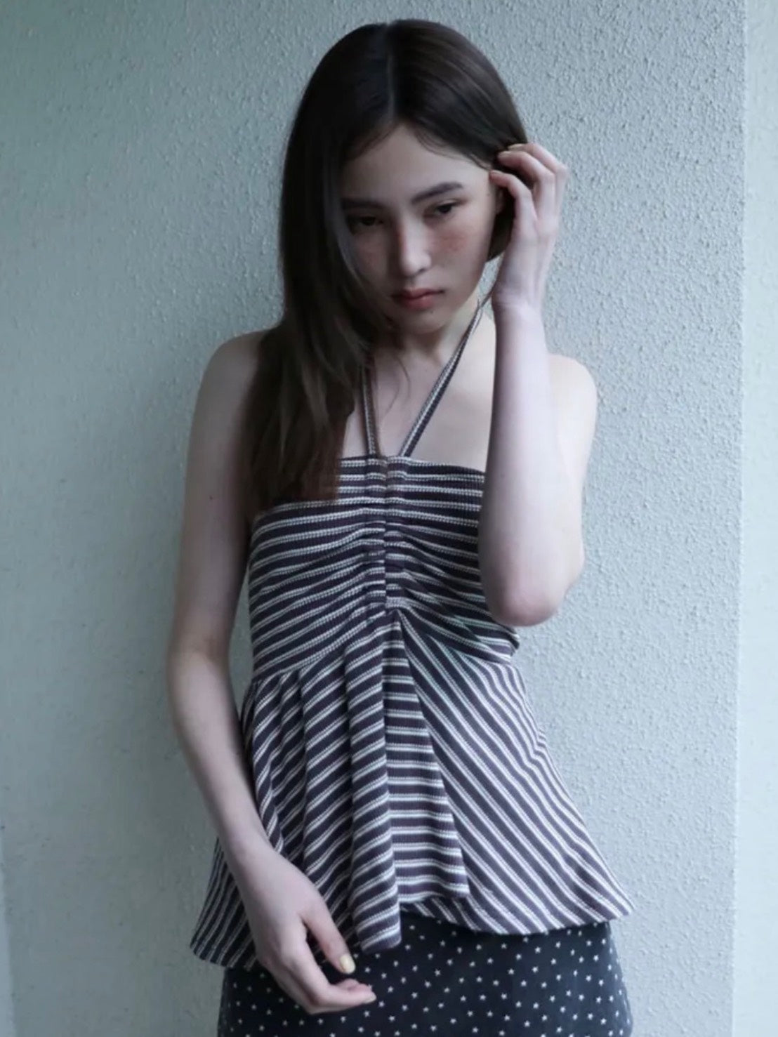6/15 21:00発売【Uglyshadow】STRIPE SHIRRING FLARE TOP