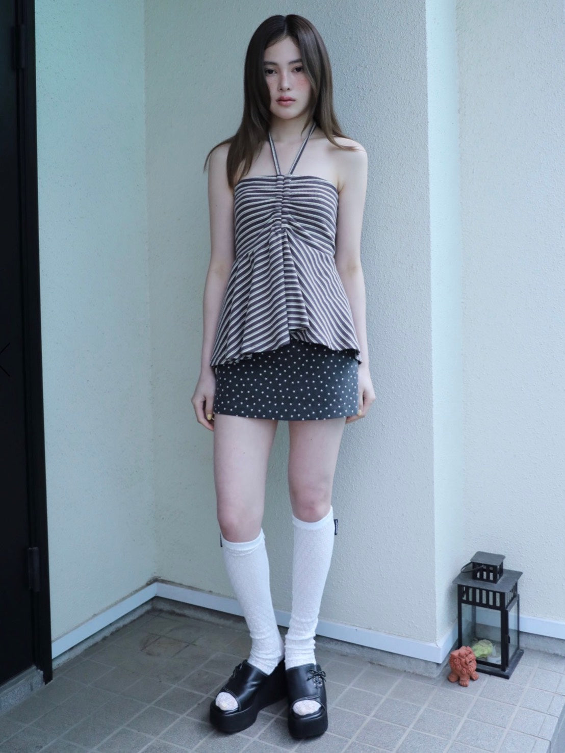 6/15 21:00発売【Uglyshadow】STRIPE SHIRRING FLARE TOP