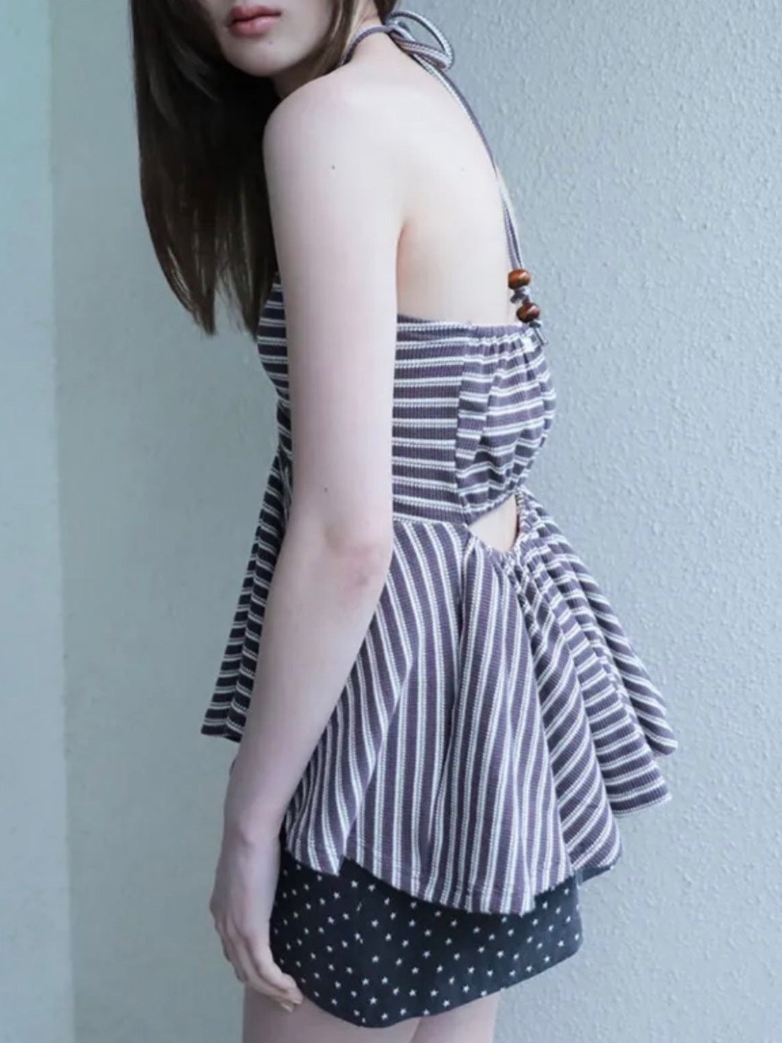 6/15 21:00発売【Uglyshadow】STRIPE SHIRRING FLARE TOP