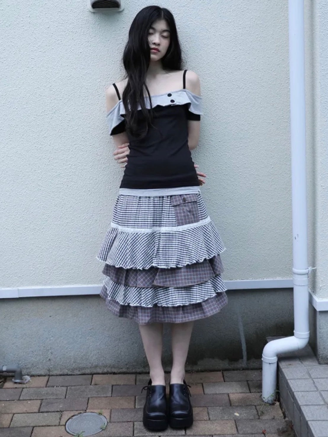 6/15 21:00発売【Uglyshadow】CANCAN CHECKERED MIX SKIRT