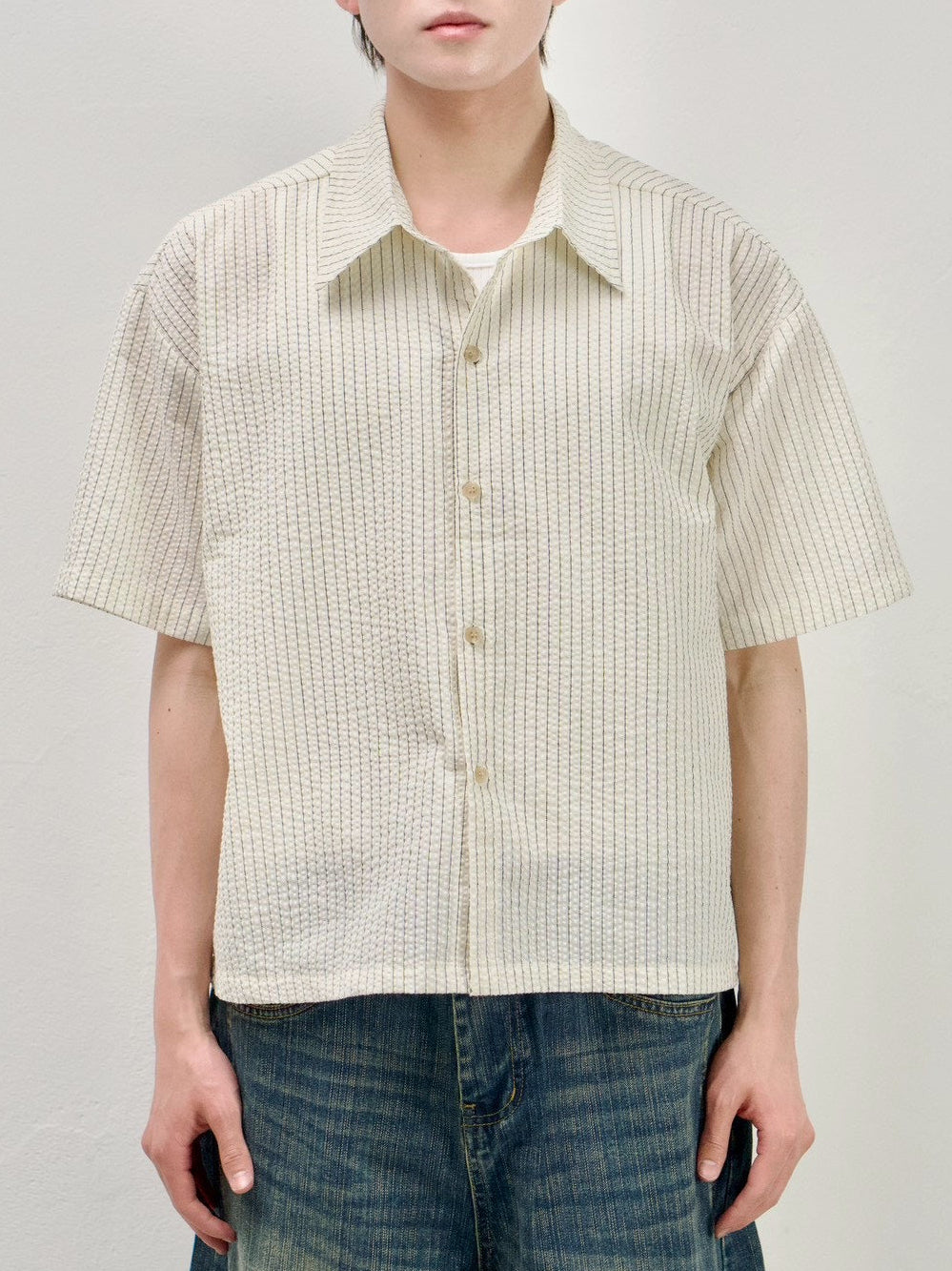 受注制【Chikashitsu +】seersucker crop shirt (2color)
