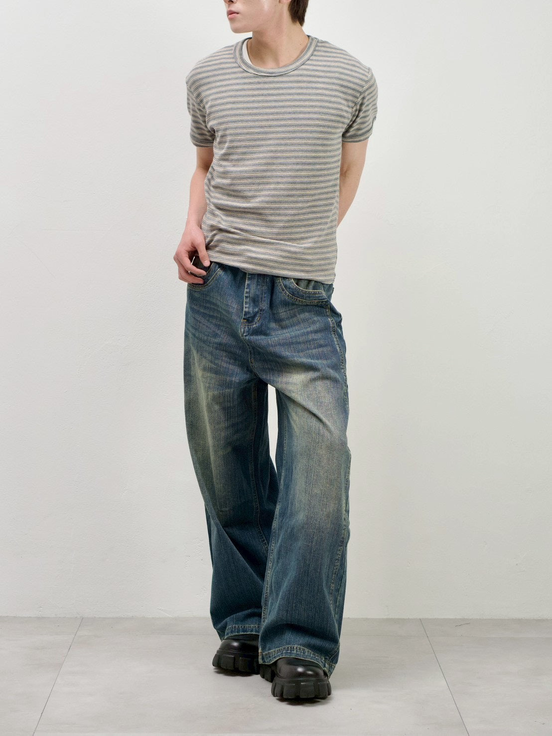 受注制【Chikashitsu +】muscle fit stripe t-shirt (3color)