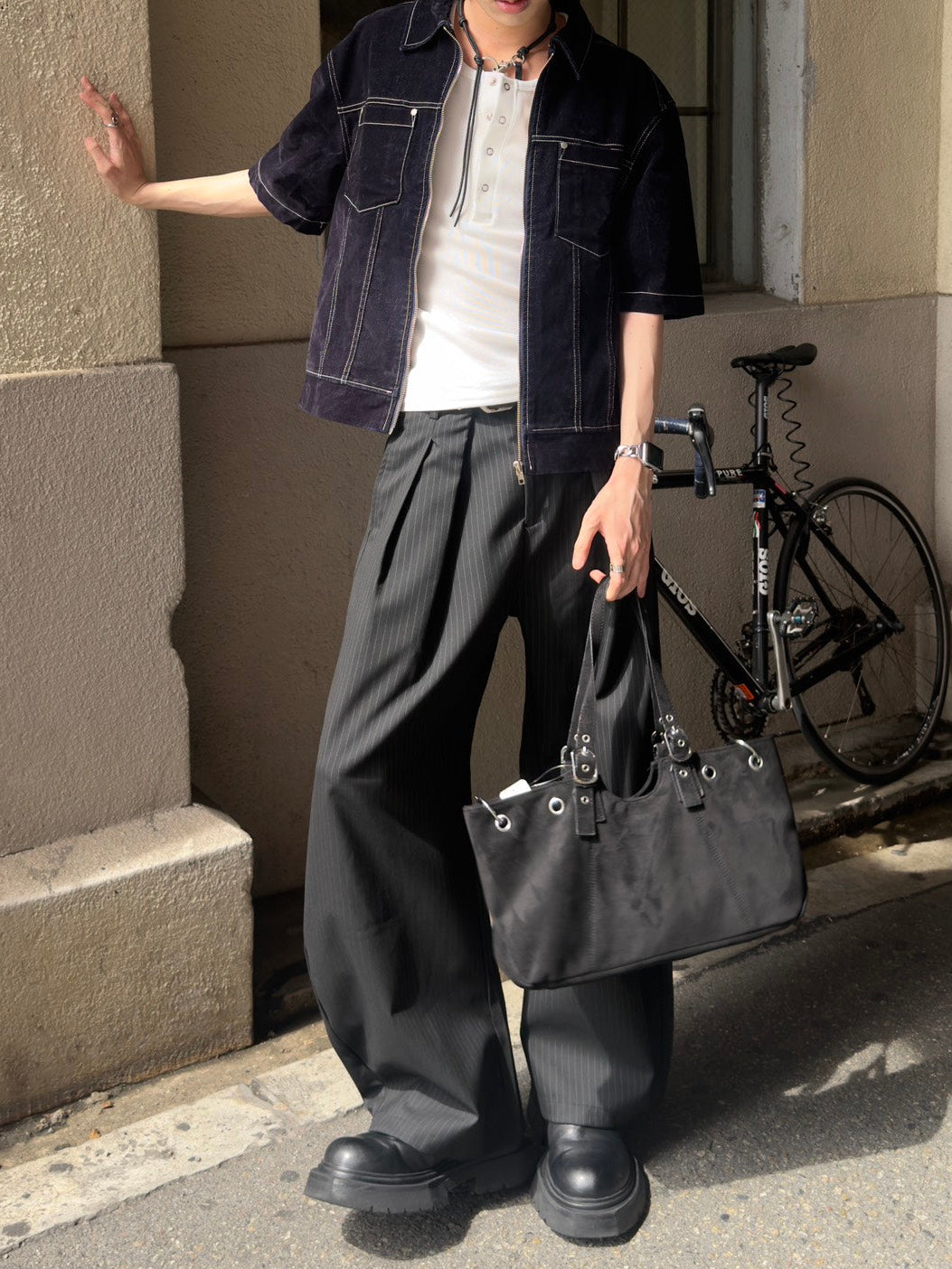 HEP FIVE店WEB限定受注制【Chikashitsu +】double tuck stripe slacks