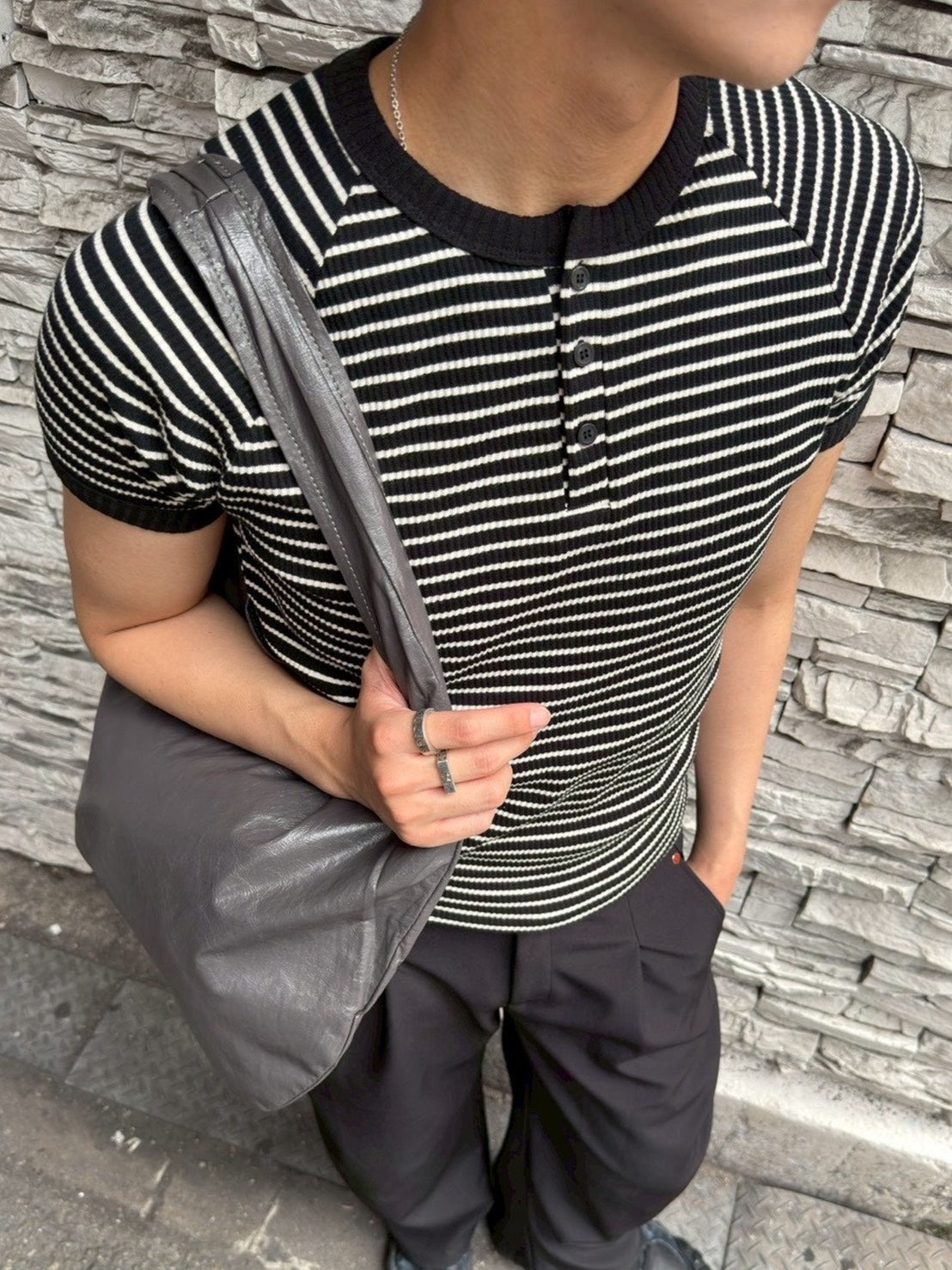 HEP FIVE店WEB限定受注制【Chikashitsu +】stripe ringer henley neck tee (2color)