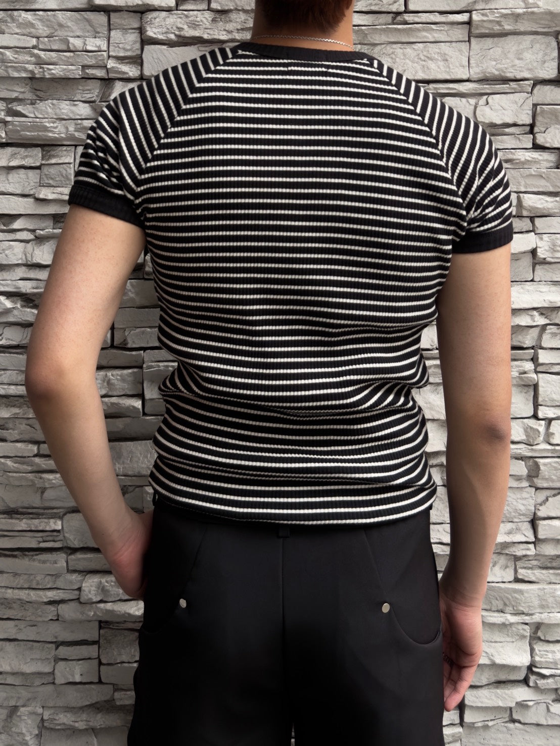 HEP FIVE店WEB限定受注制【Chikashitsu +】stripe ringer henley neck tee (2color)