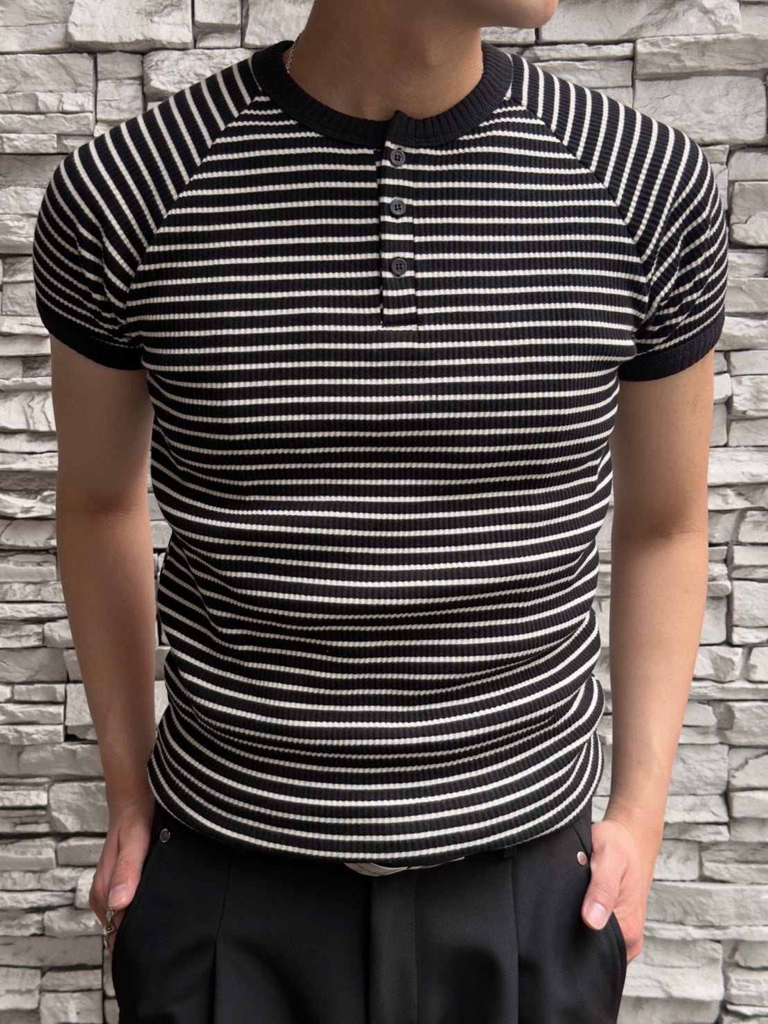 HEP FIVE店WEB限定受注制【Chikashitsu +】stripe ringer henley neck tee (2color)