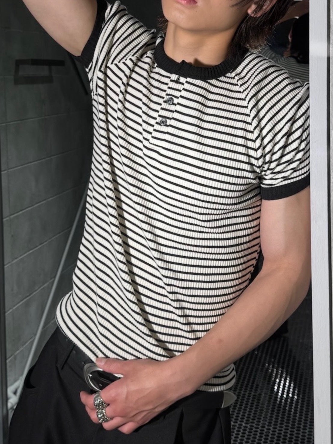 HEP FIVE店WEB限定受注制【Chikashitsu +】stripe ringer henley neck tee (2color)