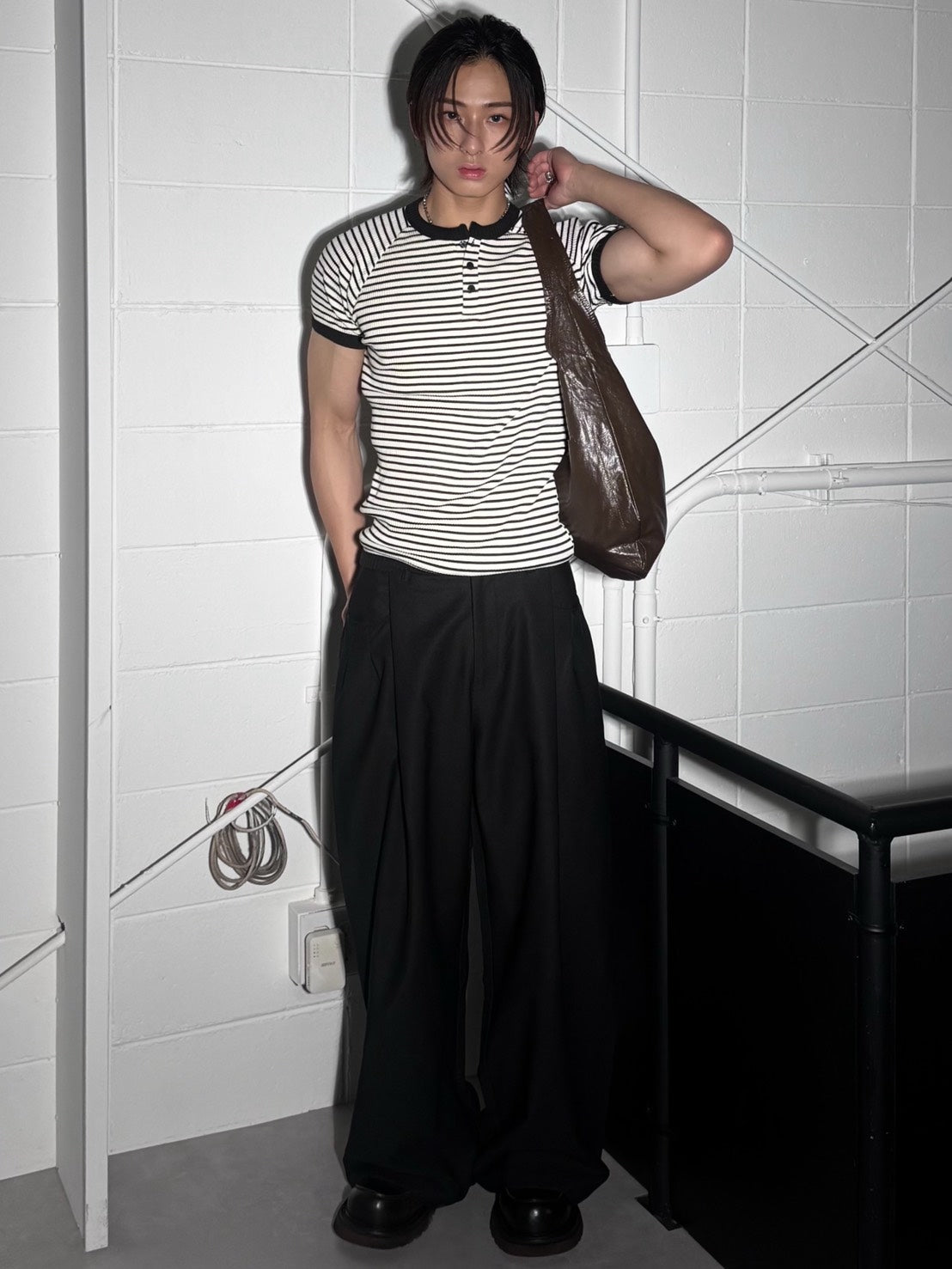 HEP FIVE店WEB限定受注制【Chikashitsu +】stripe ringer henley neck tee (2color)