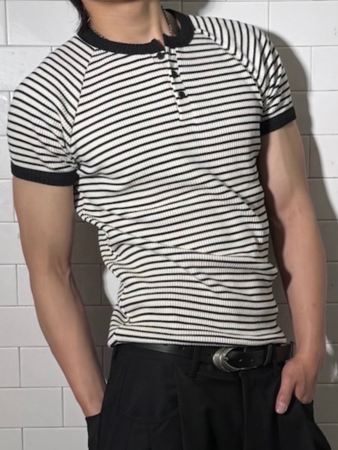 HEP FIVE店WEB限定受注制【Chikashitsu +】stripe ringer henley neck tee (2color)