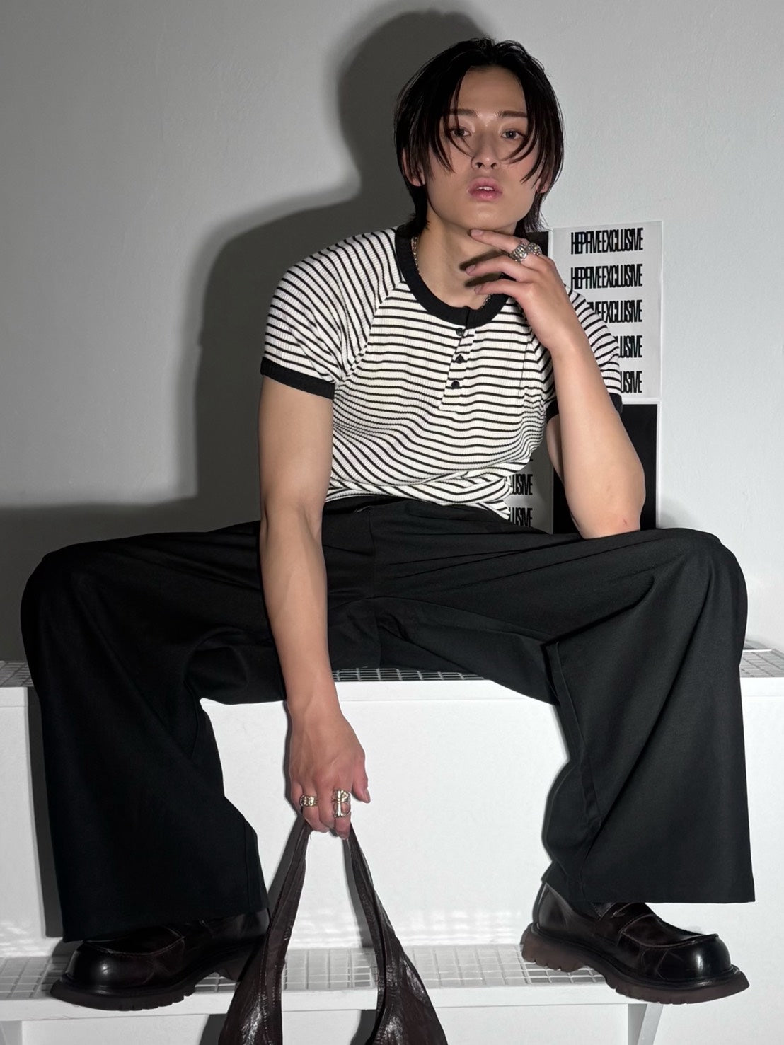 HEP FIVE店WEB限定受注制【Chikashitsu +】stripe ringer henley neck tee (2color)