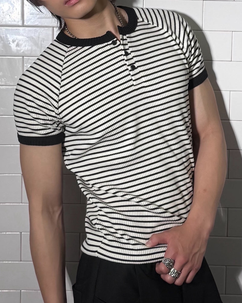 HEP FIVE店WEB限定受注制【Chikashitsu +】stripe ringer henley neck tee (2color)