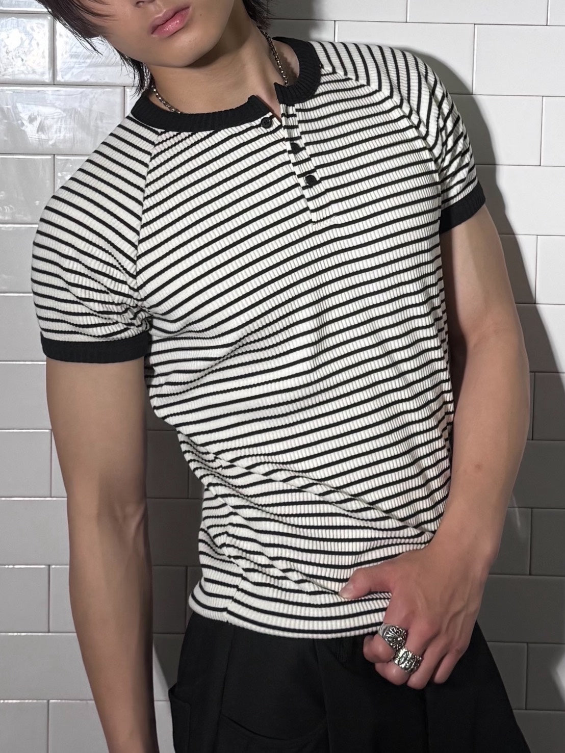HEP FIVE店WEB限定受注制【Chikashitsu +】stripe ringer henley neck tee (2color)