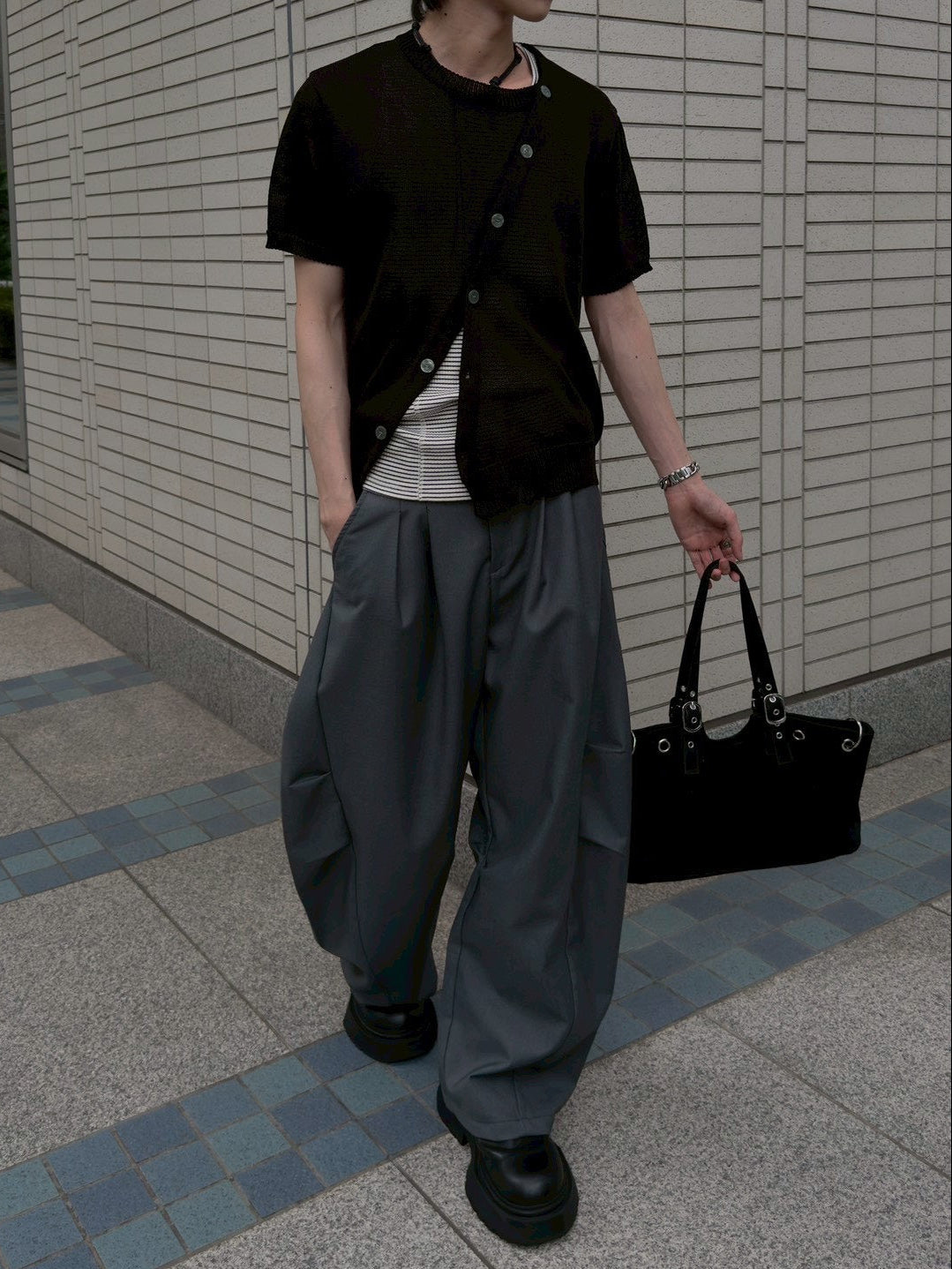 HEP FIVE店WEB限定受注制【Chikashitsu +】diagonal button half sleeve knit cardigan (3color)