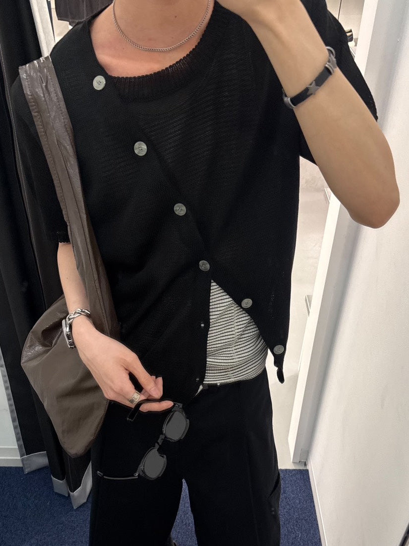 HEP FIVE店WEB限定受注制【Chikashitsu +】diagonal button half sleeve knit cardigan (3color)
