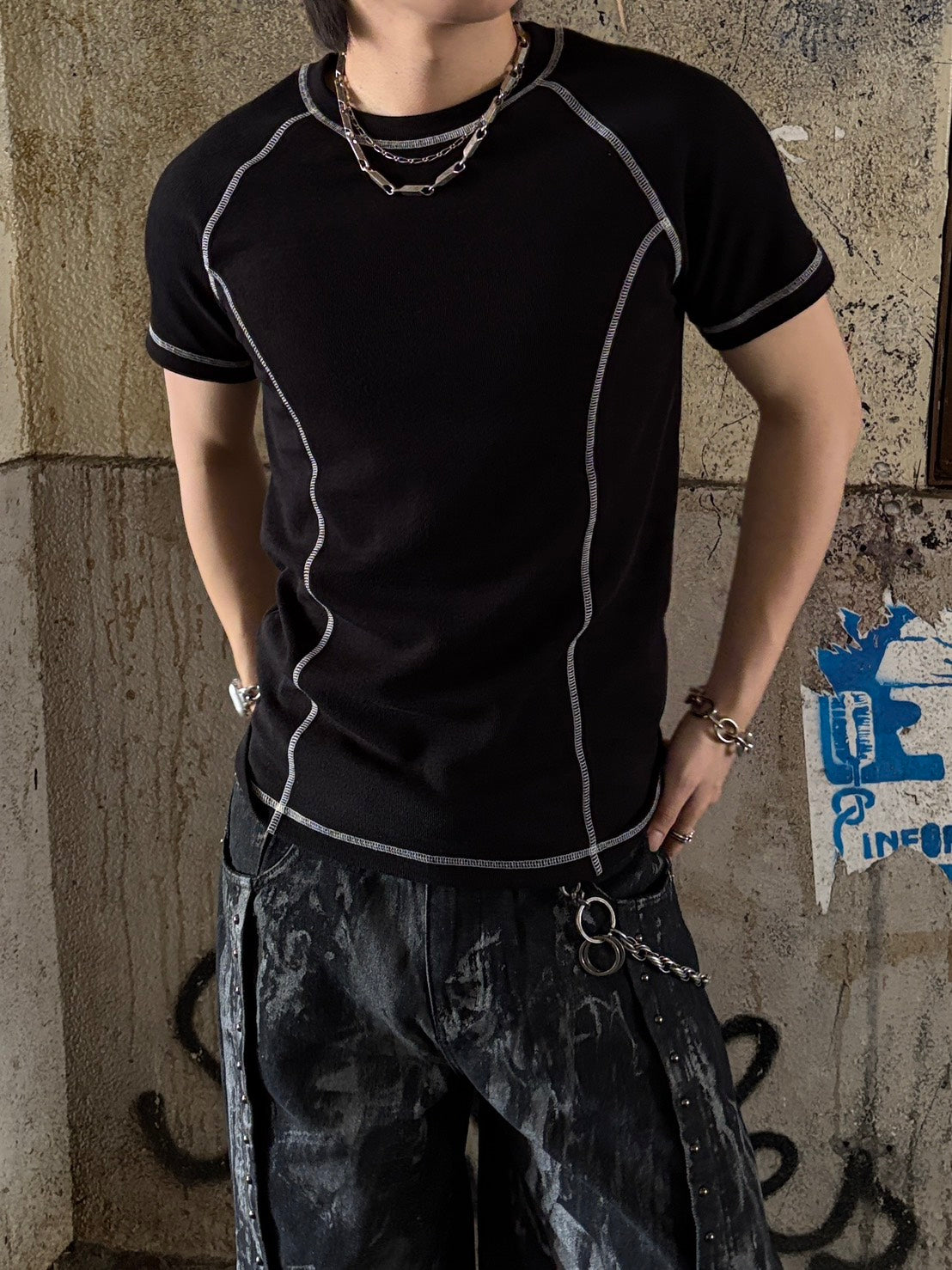HEP FIVE店WEB限定受注制【Chikashitsu +】contrast stitch slim tee (3color)